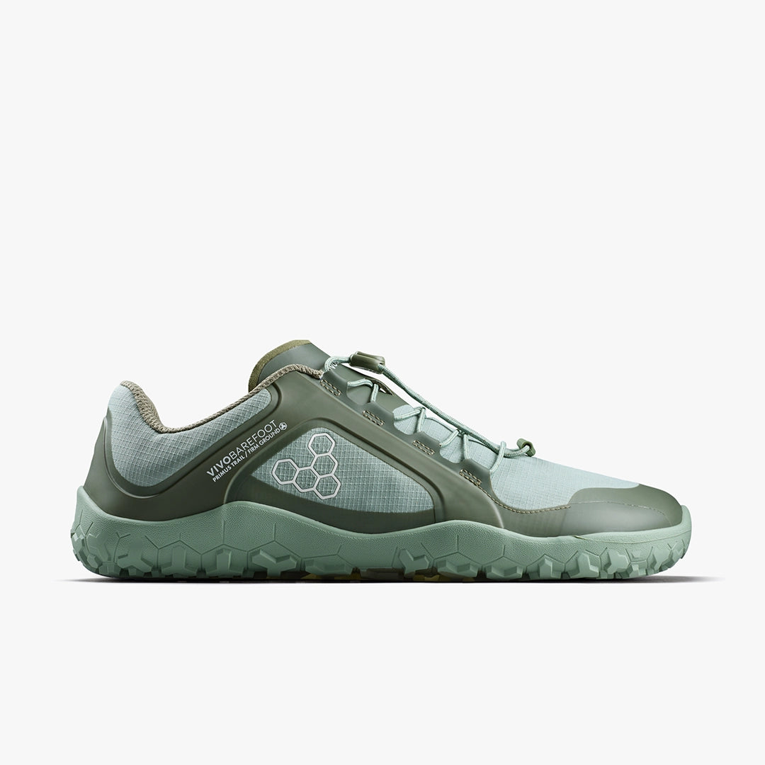 Women's Vivobarefoot Primus Trail 3 FG All Weather. Green upper. Green outsole. Lateral view.