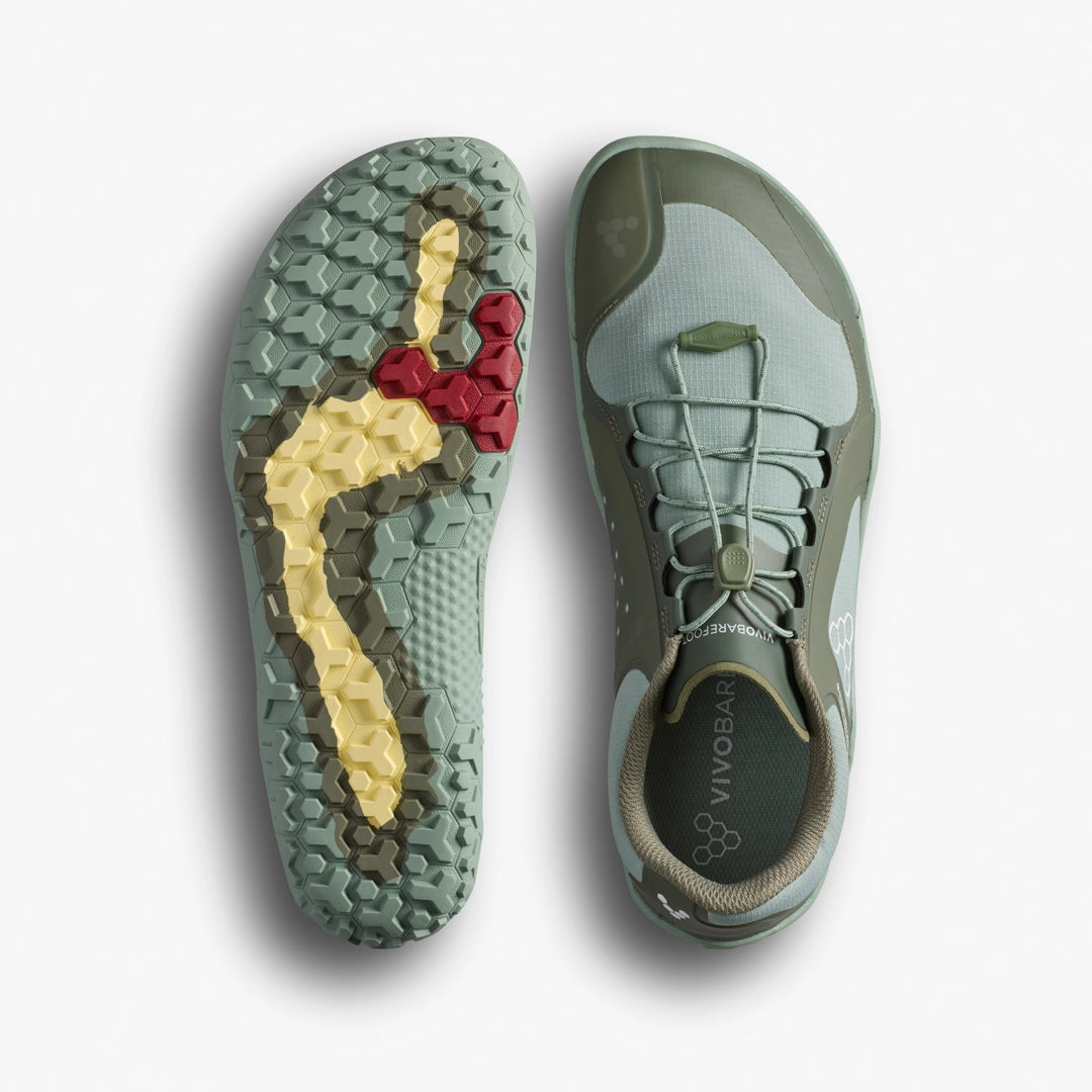 Women's Vivobarefoot Primus Trail 3 FG All Weather. Green upper. Green outsole. Top/Bottom view.