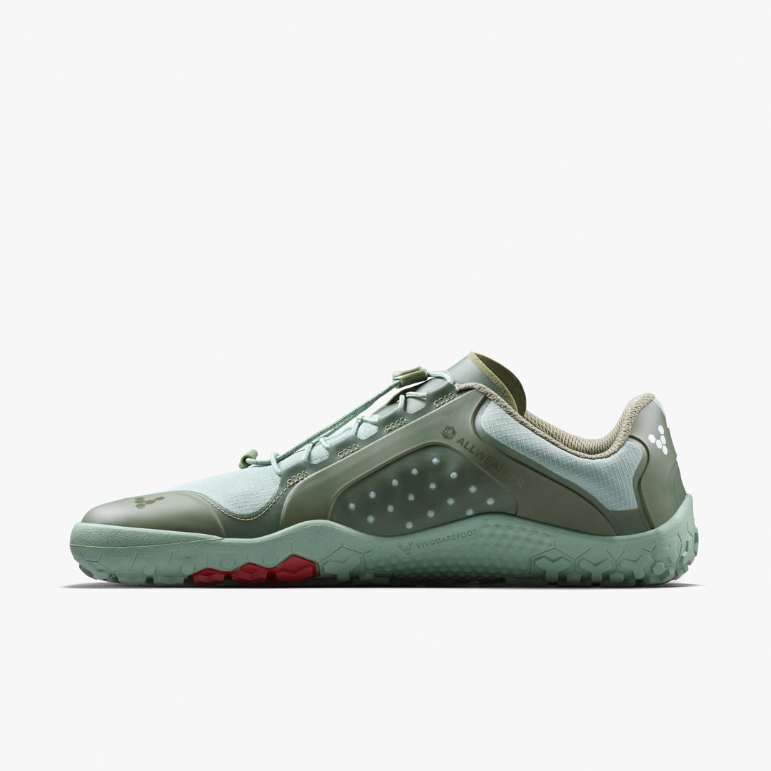 Women's Vivobarefoot Primus Trail 3 FG All Weather. Green upper. Green outsole. Medial view.