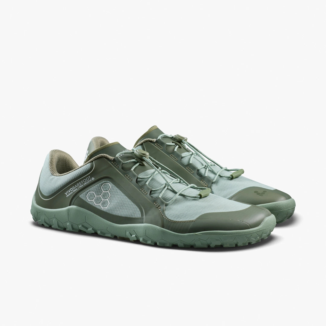 Women's Vivobarefoot Primus Trail 3 FG All Weather. Green upper. Green outsole. Lateral view.