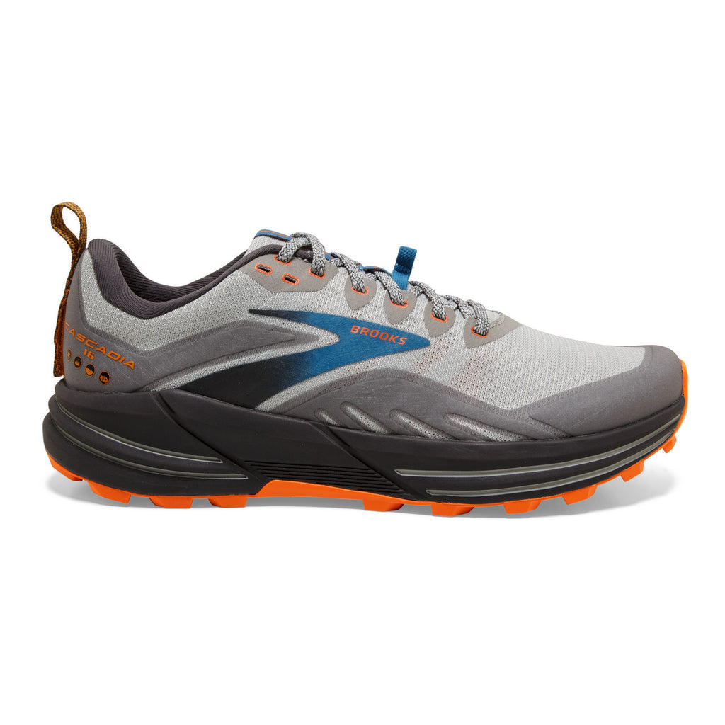 Men's Brooks Cascadia 16. Grey upper. Black midsole. Lateral view.