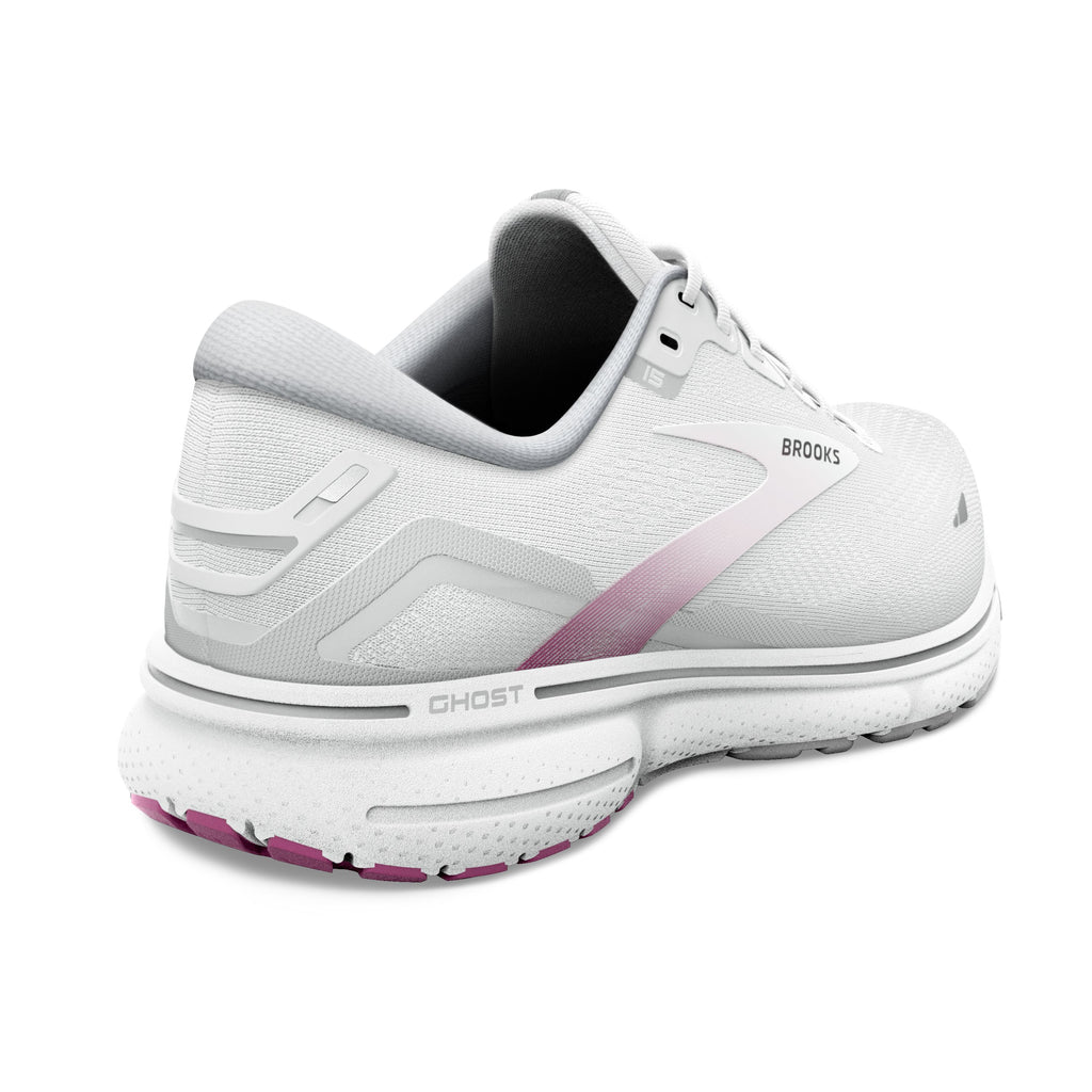 Women's Brooks Ghost 15. White upper. White midsole. Rear/Lateral view.