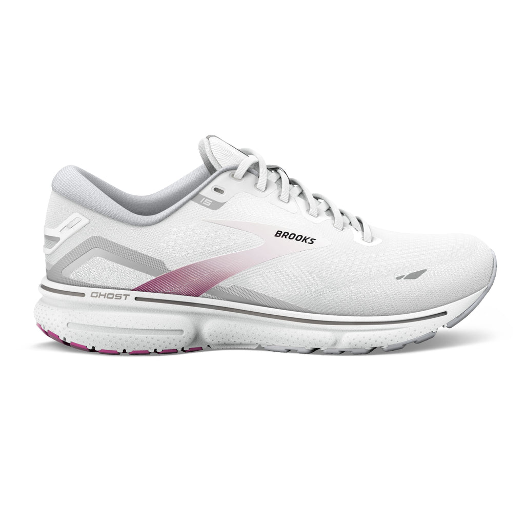 Women's Brooks Ghost 15. White upper. White midsole. Lateral view.
