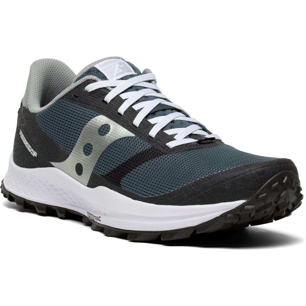 Men's Saucony Peregrine 11. Navy upper. White midsole. Lateral view.