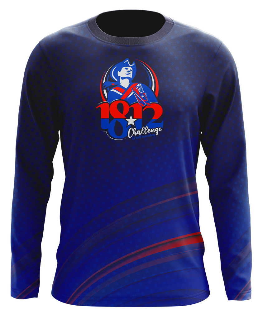 A blue long-sleeve tee shirt that says "1812 challenge" underneath a red, white, and blue soldier logo.