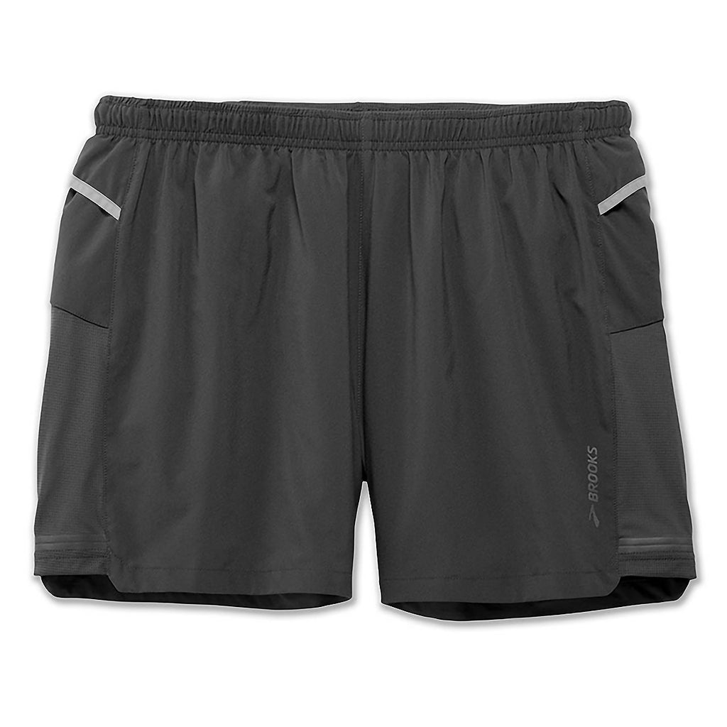 Men's Brooks Sherpa 5" Shorts. Dark Grey. Front view.