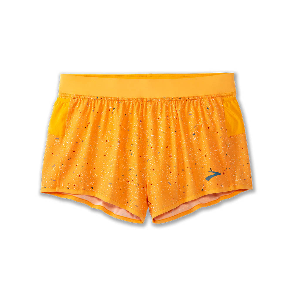 Men's Brooks Sherpa 3" Split Shorts. Orange. Front view.