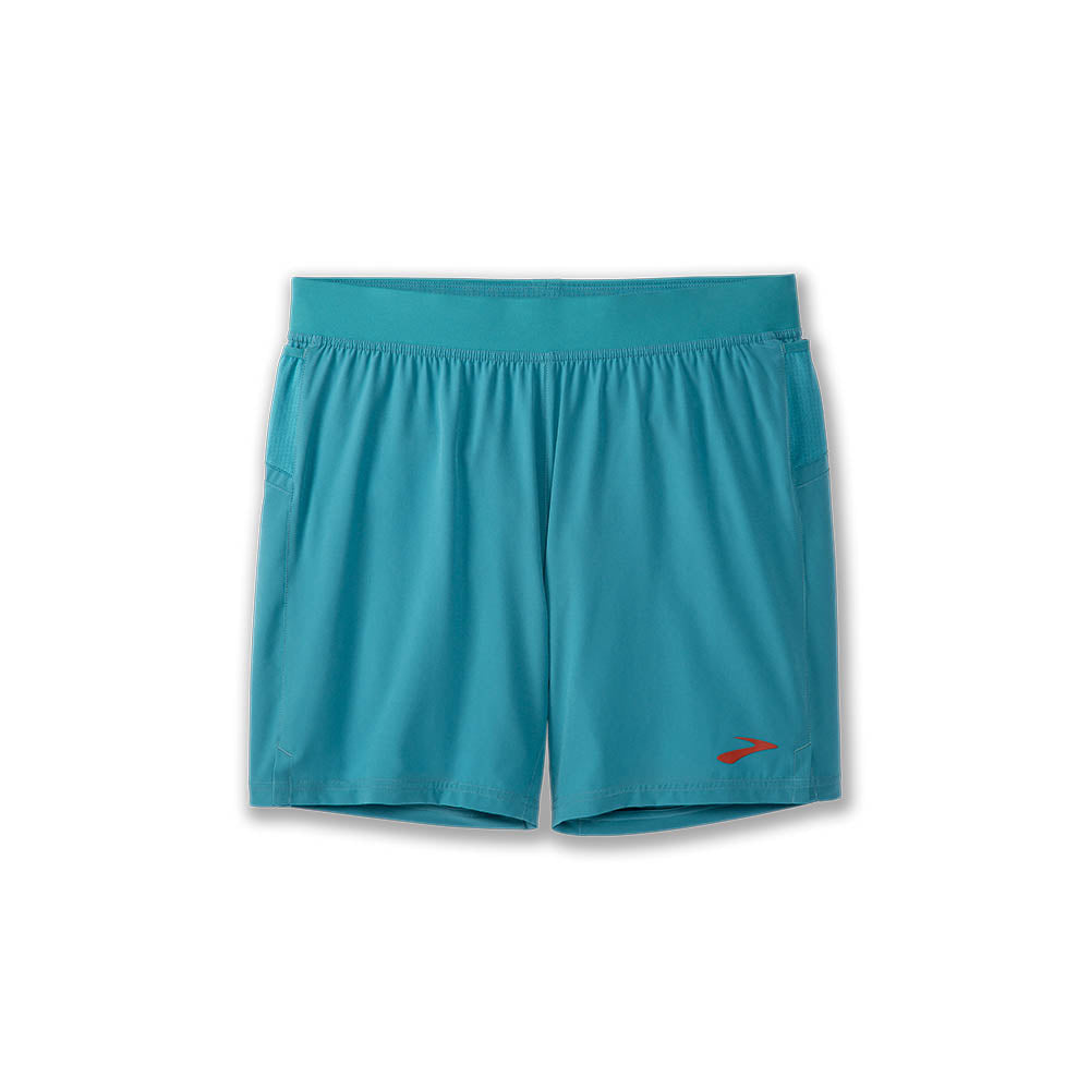 Men's Brooks Sherpa 7" Shorts. Grey/Blue. Front view.