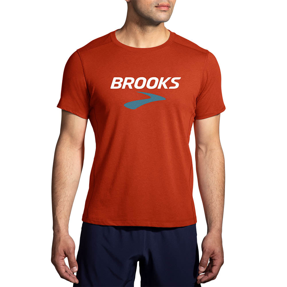 Men's Brooks Distance Short Sleeve 2.0. Red. Front view.