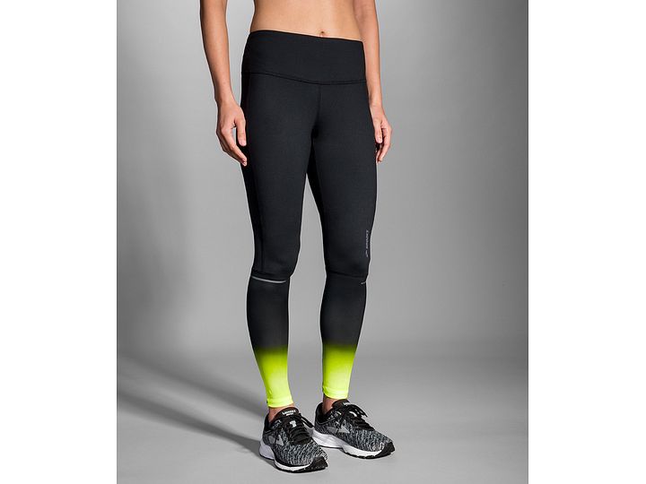 Women's Brooks Greenlight Tights. Black/Yellow. Front/Lateral view.