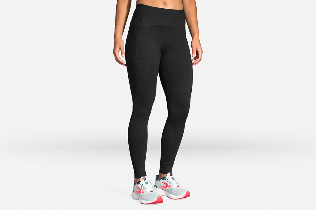 Women's Brooks Momentum Thermal Tights. Black. Front view.