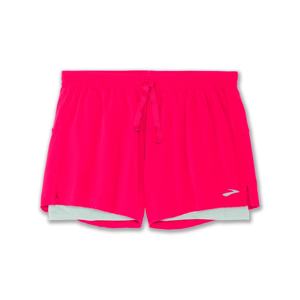 Women's Brooks Moment 5" 2-in-1 Shorts. Pink. Front view.