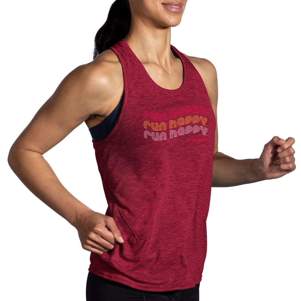 Women's Brooks Distance Tank 2.0. Dark Red. Front/Lateral view.