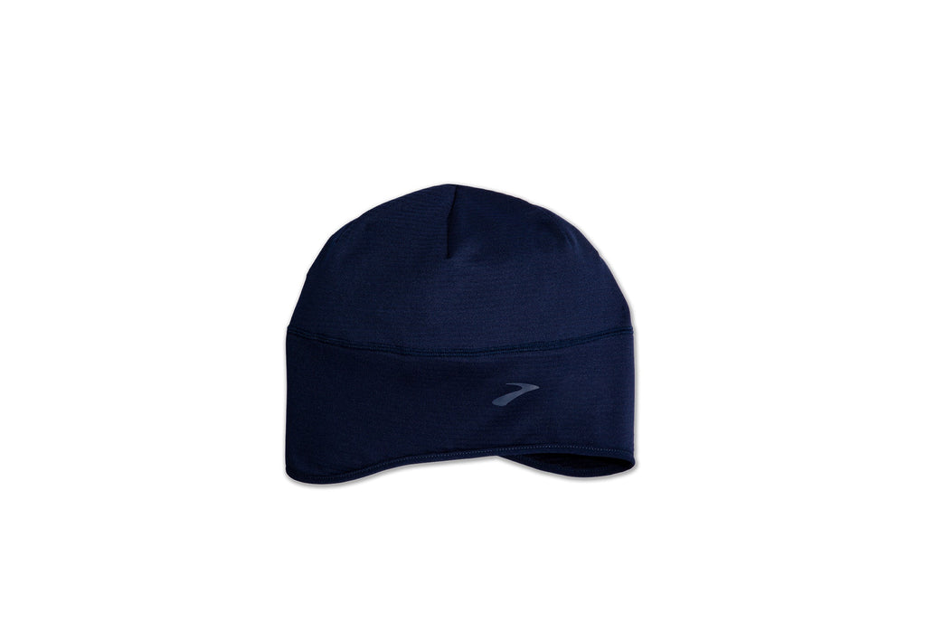 Unisex Brooks Notch Thermal Beanie. Navy. Front view.