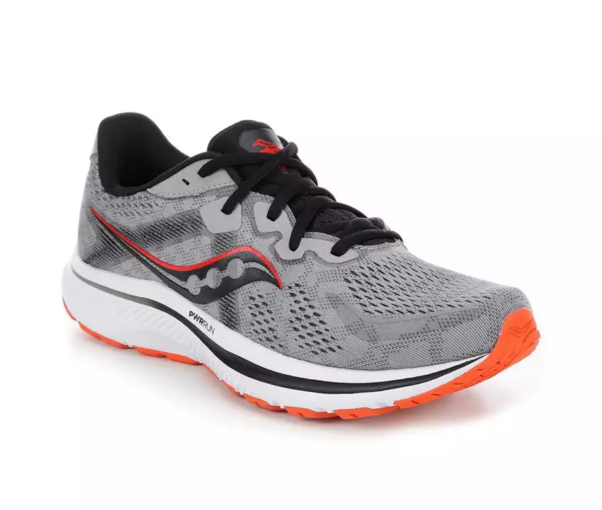 Men's Saucony Omni 20. Grey upper. White midsole. Lateral view.