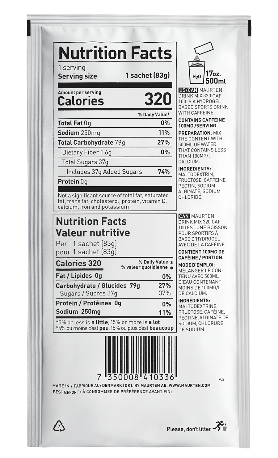 Maurten Drink Mix 320 Caf 100. Product label.