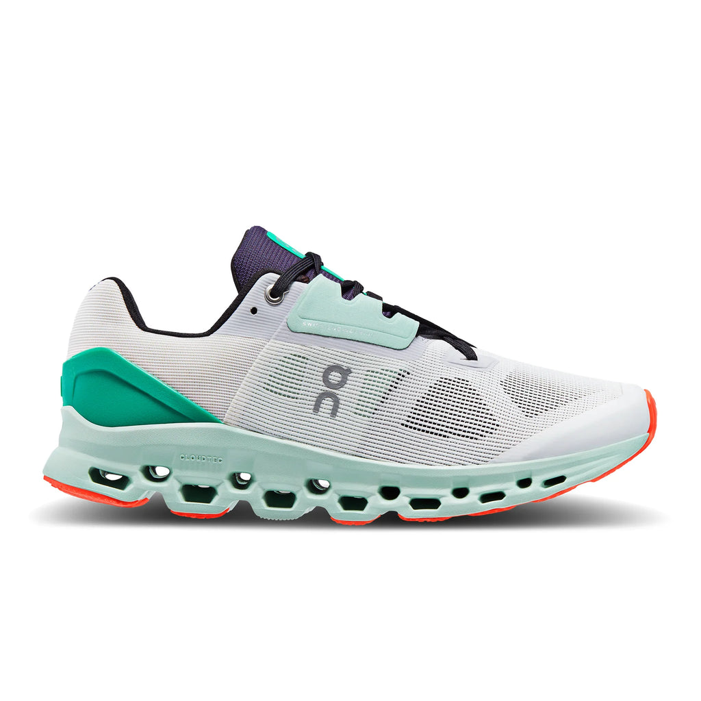 Men's On Cloudstratus 2. White upper. Green midsole. Lateral view.