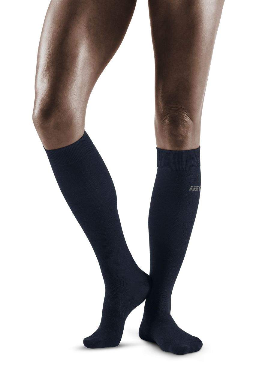 Women's CEP Merino Tall Compression socks. Dark Blue. Lateral view.