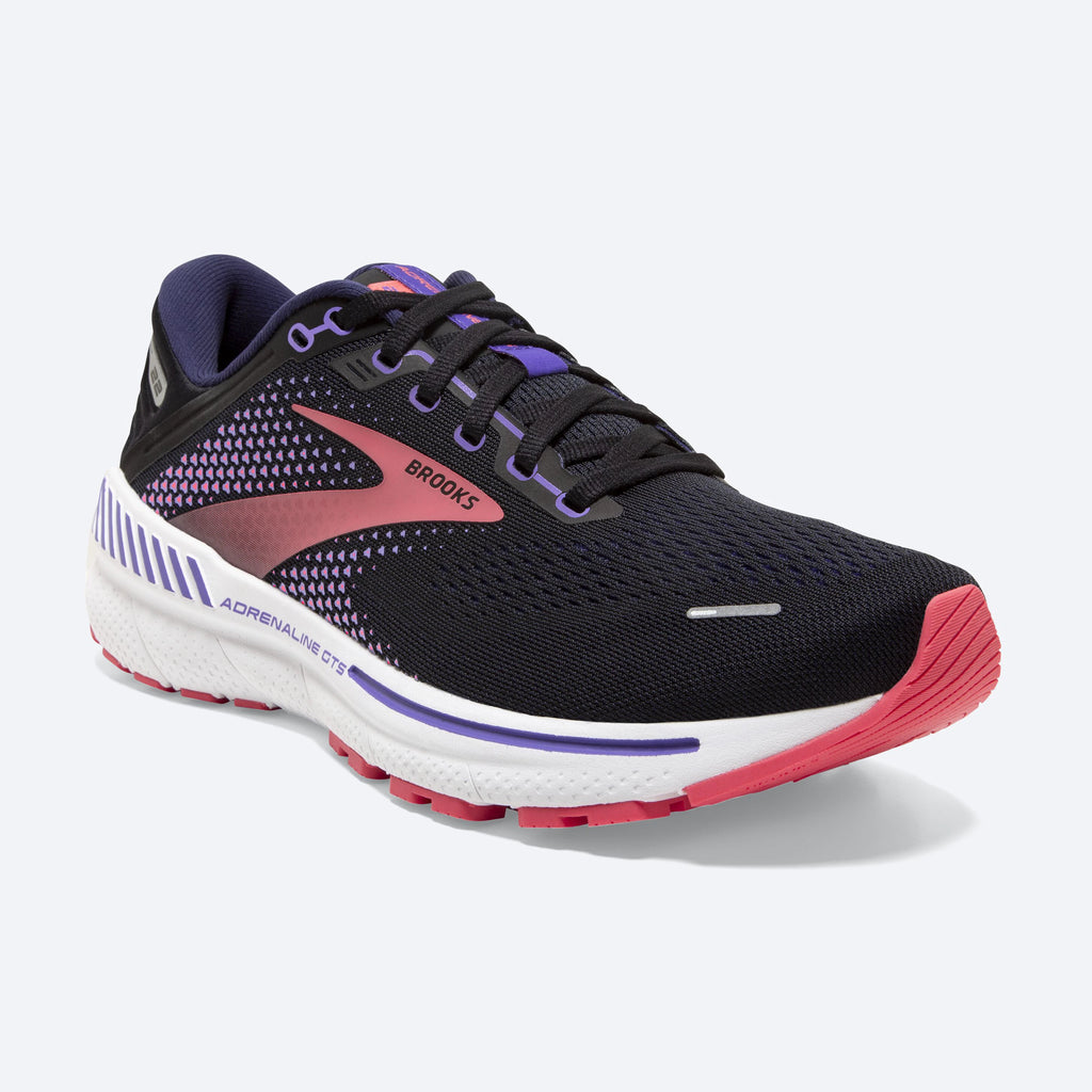 Women's Brooks Adrenaline GTS 22. Black upper. White midsole. Front/Lateral view.