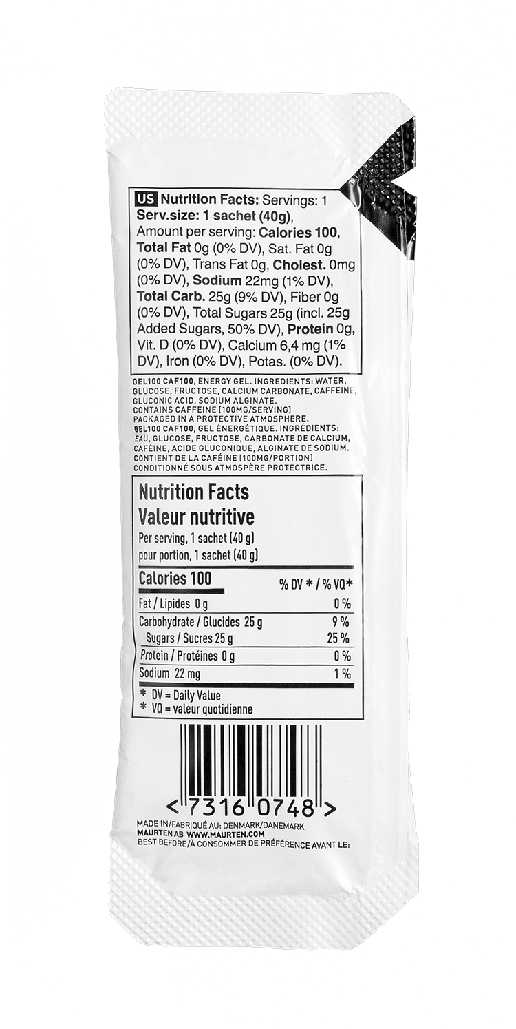 Maurten Gel 100 Caf 100. Product label.