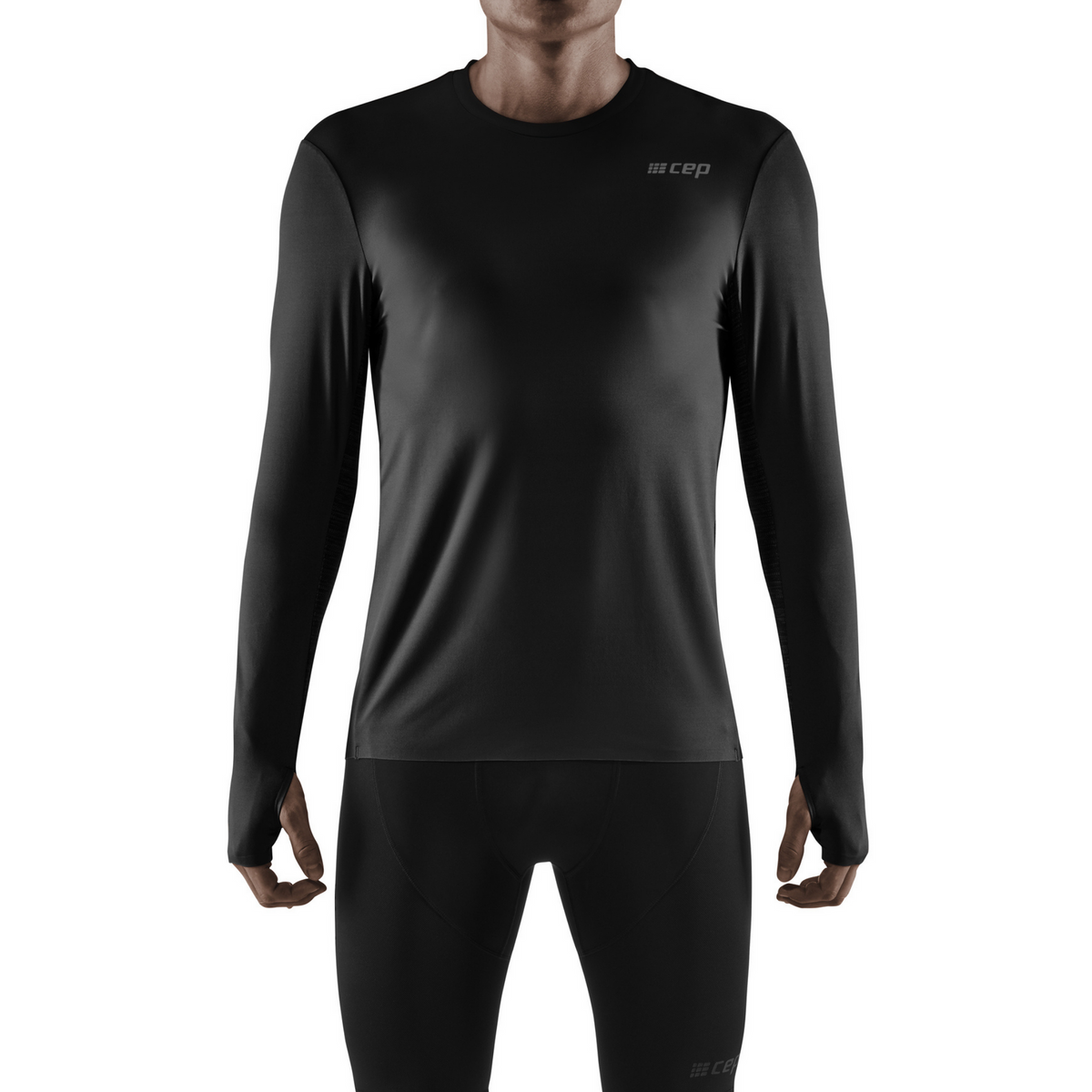 Men's CEP Run Shirt Long Sleeve. Black. Front view.