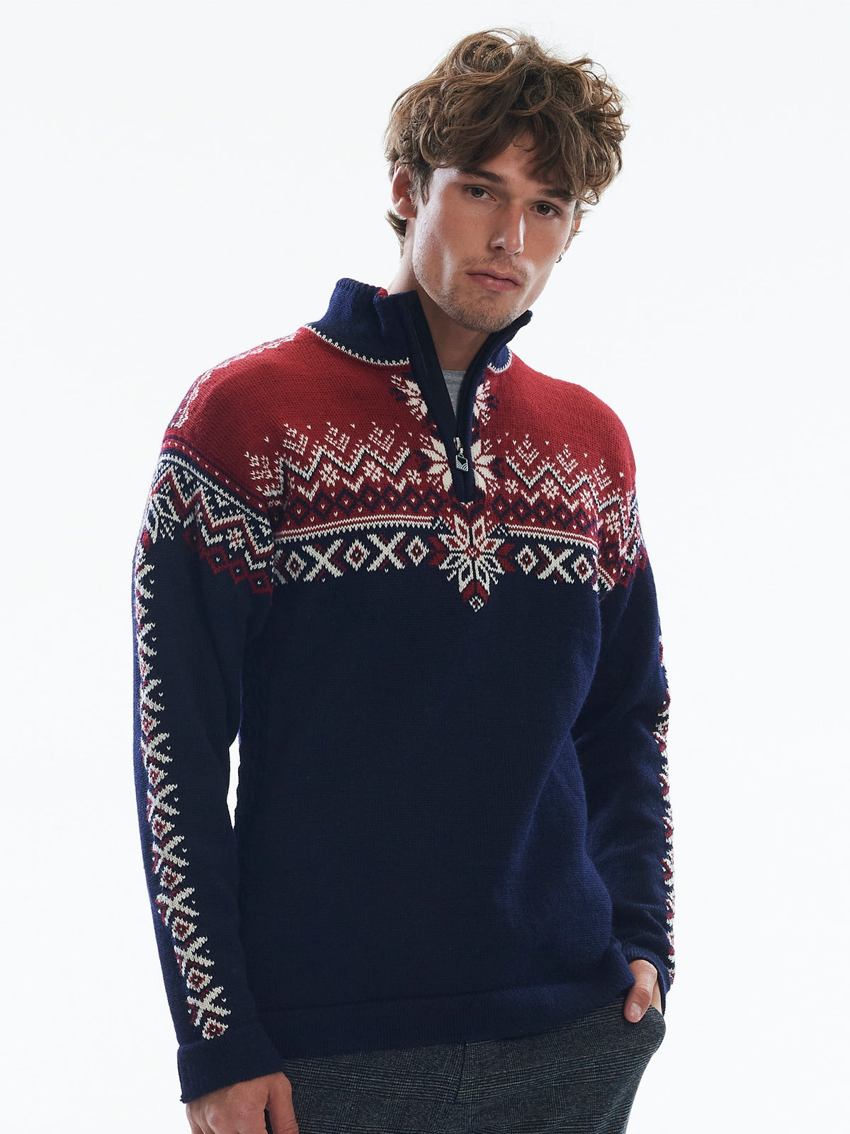 Dale of Norway 140th Anniversary Sweater, men’s, Navy/Red Rose/Off White – front on model