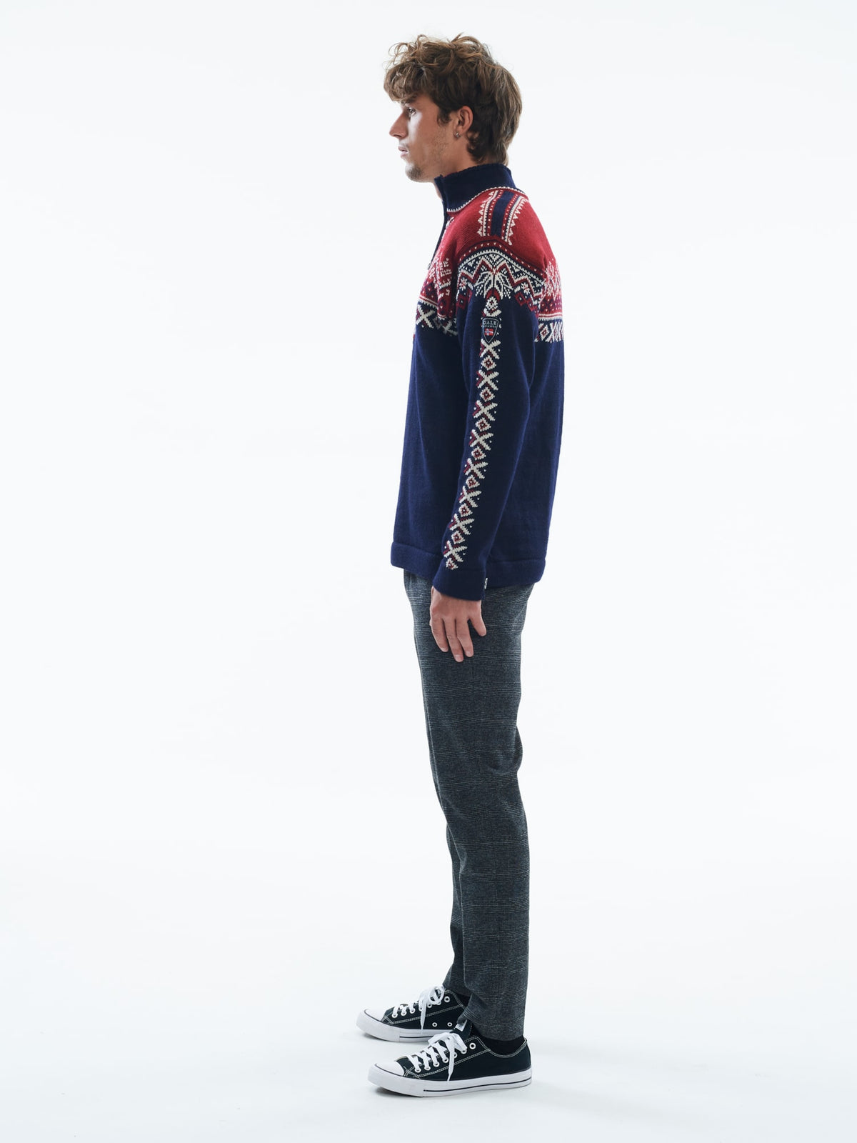 Dale of Norway 140th Anniversary Sweater, men’s, Navy/Red Rose/Off White – side on model