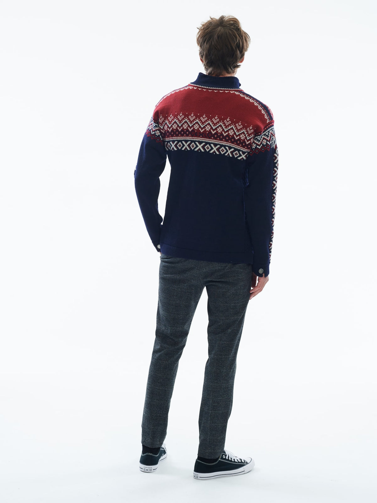 Dale of Norway 140th Anniversary Sweater, men’s, Navy/Red Rose/Off White – back with CXL anniversary detail