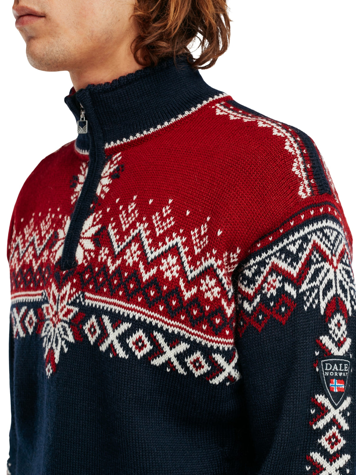 Dale of Norway 140th Anniversary Sweater, men’s, Navy/Red Rose/Off White – shoulder pattern detail