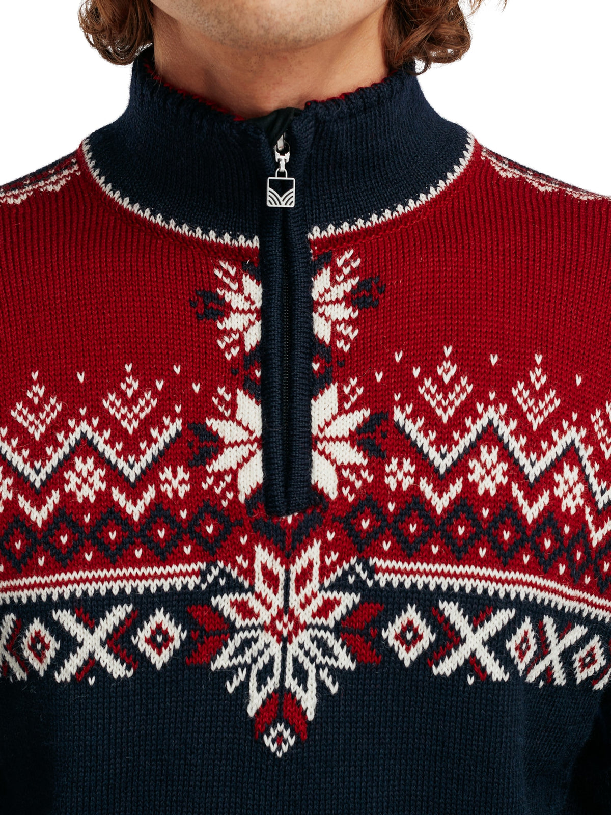 Dale of Norway 140th Anniversary Sweater, men’s, Navy/Red Rose/Off White – zip-neck and pattern detail