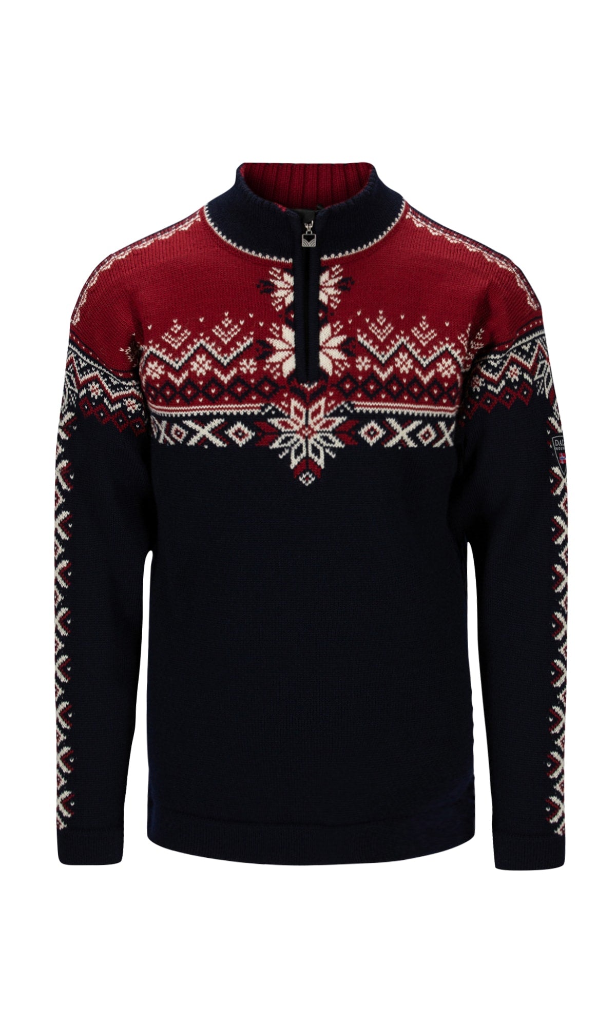 Dale of Norway 140th Anniversary Sweater, men’s, Navy/Red Rose/Off White – front product view