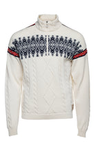 Aspoy men's sweater in Off White/Navy/Raspberry with cable-knit body and patterned shoulder band