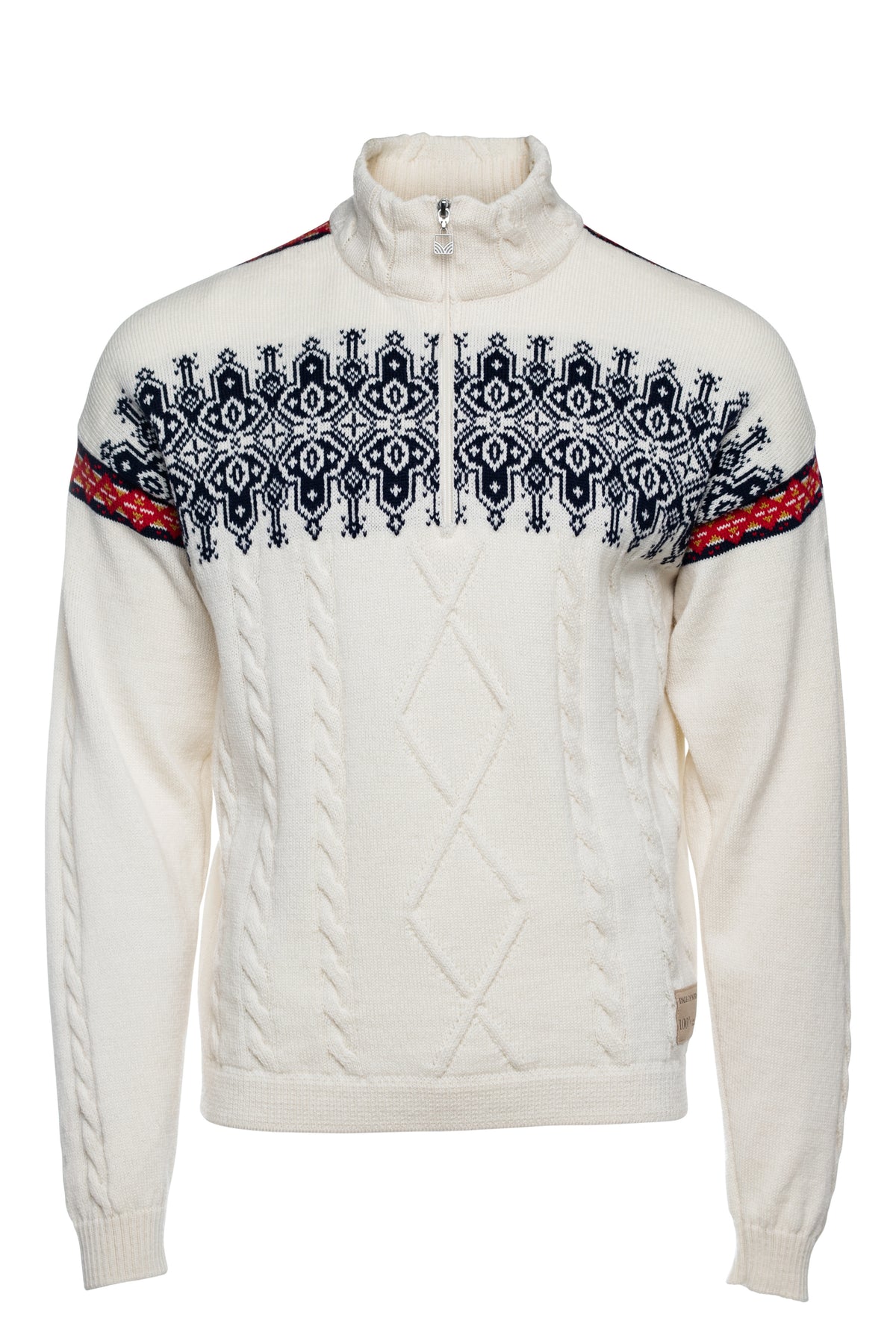 Aspoy men's sweater in Off White/Navy/Raspberry with cable-knit body and patterned shoulder band