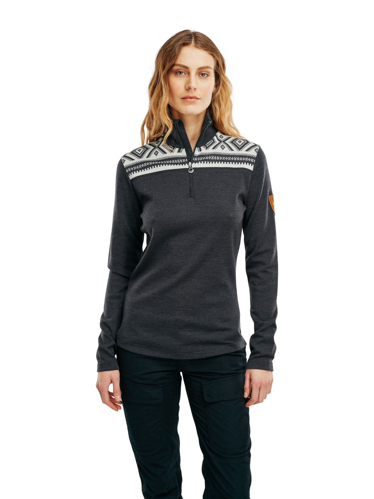 Front worn view of the Cortina women's base layer in Dark Charcoal/Off White