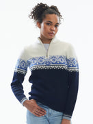Dale of Norway Moritz Sweater, women’s, Navy/White/Ultramarine – front on model