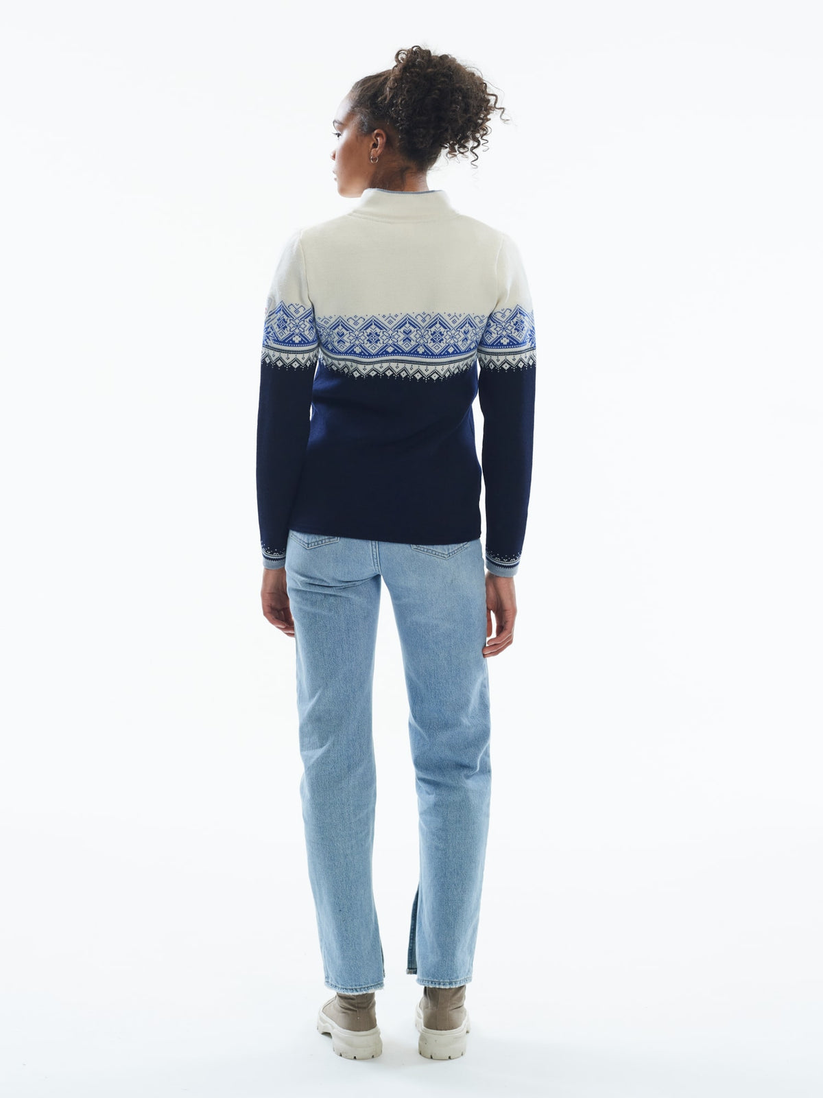 Dale of Norway Moritz Sweater, women’s, Navy/White/Ultramarine – back on model