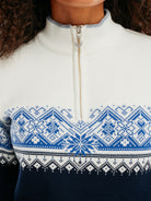 Dale of Norway Moritz Sweater, women’s, Navy/White/Ultramarine – collar and pattern detail