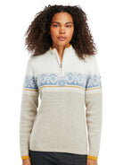 Dale of Norway Moritz Sweater, women’s, Sand/Off White/Blue Shadow – front on model