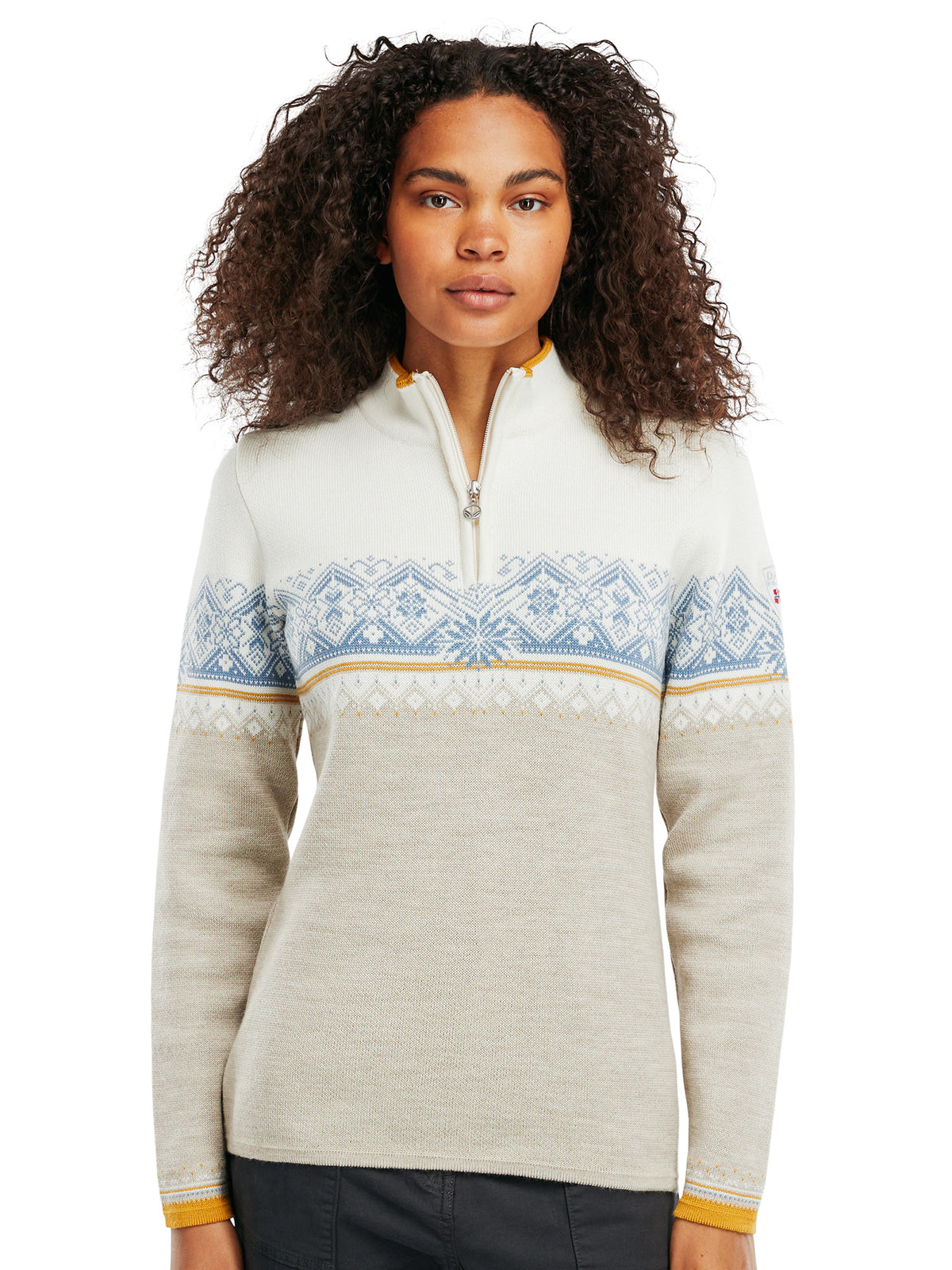 Dale of Norway Moritz Sweater, women’s, Sand/Off White/Blue Shadow – front on model