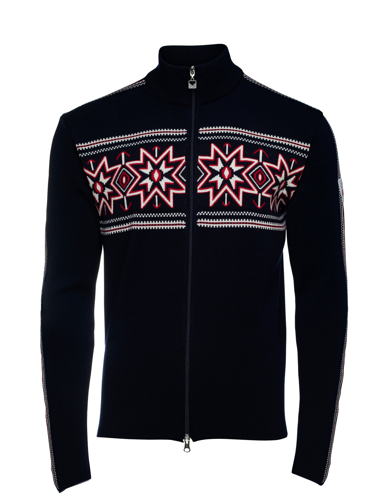 Front product view of the Olympia men's jacket in Navy/Off White/Raspberry with full zipper and Nordic chest pattern