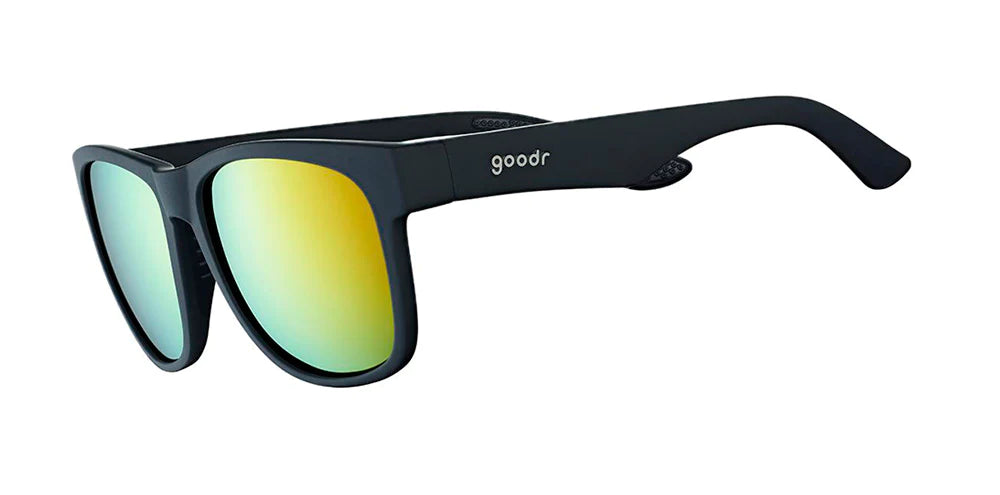 Goodr Sunglasses. BFG. Black frames. Yellow lenses. Front/Lateral view.