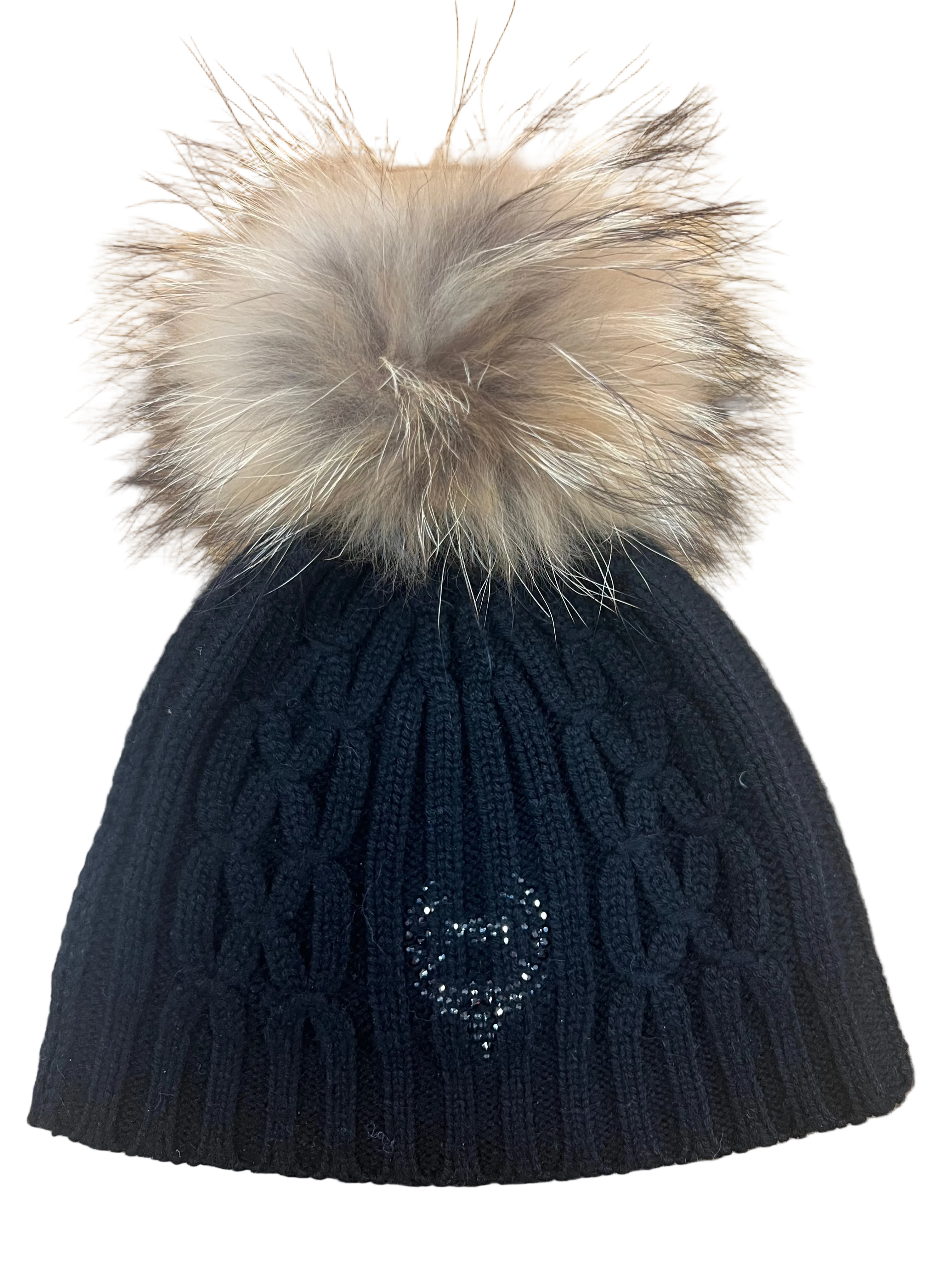 black cashmere hat with natural finn pom
