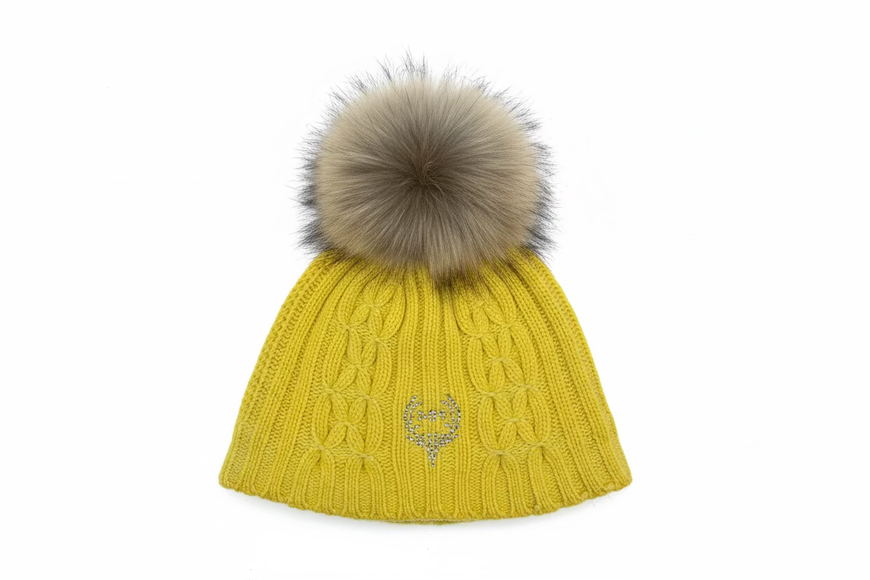 yellow cashmere hat with natural finn pom