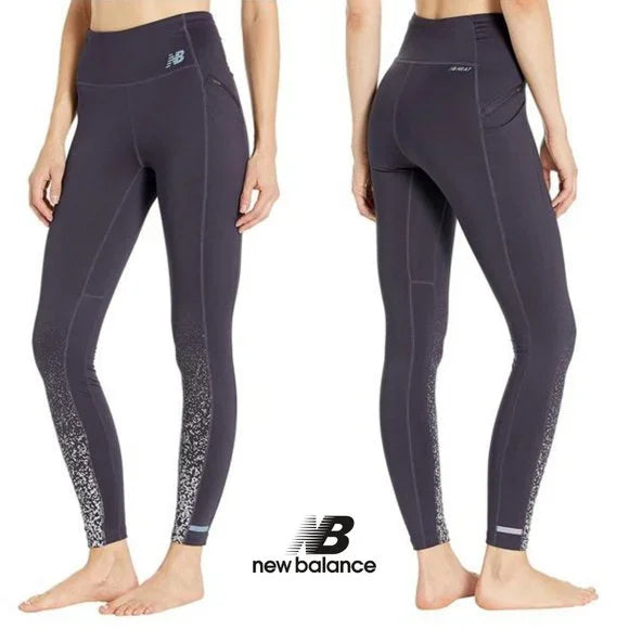 Womens New Balance Impact Tights. Purple/Gray. Front/Rear view.