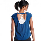 Women's Oiselle Backstock Shirt. Blue. Rear view.