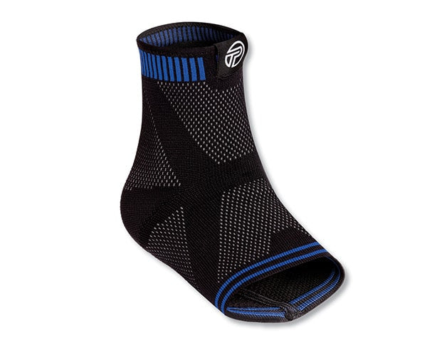 Protec Athletics Ankle Compression Sleeve. Black and Blue. Front/Lateral View 