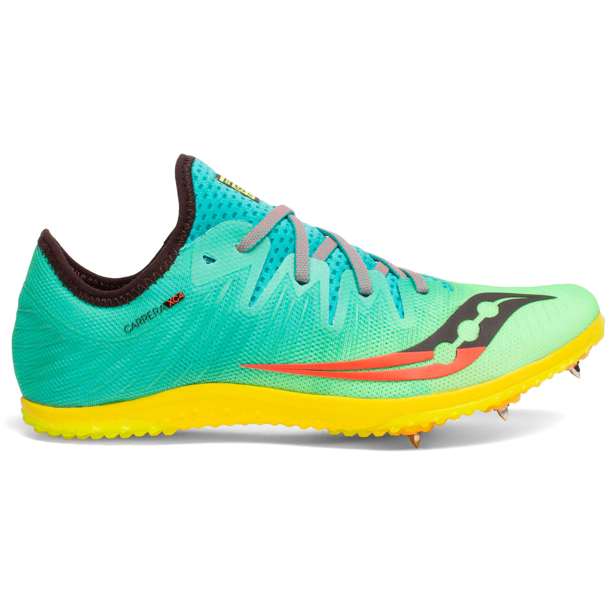 Men's Saucony Carrera XC4. Green upper. Yellow midsole. Lateral view.