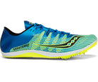 Men's Saucony Endorphin 2 Spikes. Blue/Green upper. Lateral view.