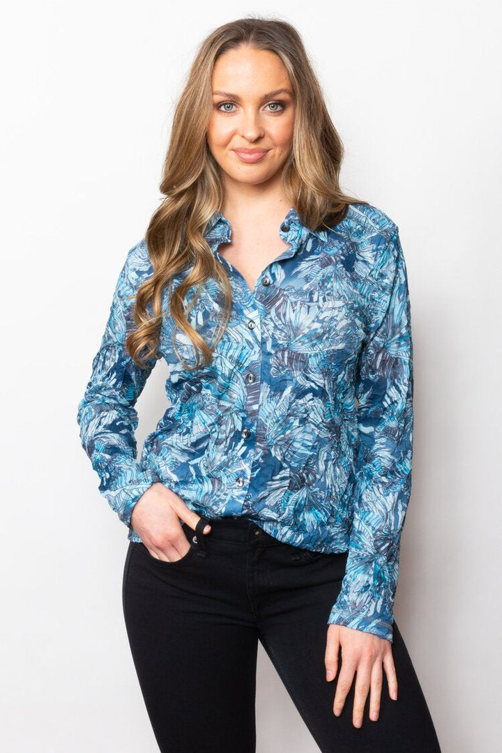 Sno Skins Printed Crinkle Button Shirt With Collar Women's