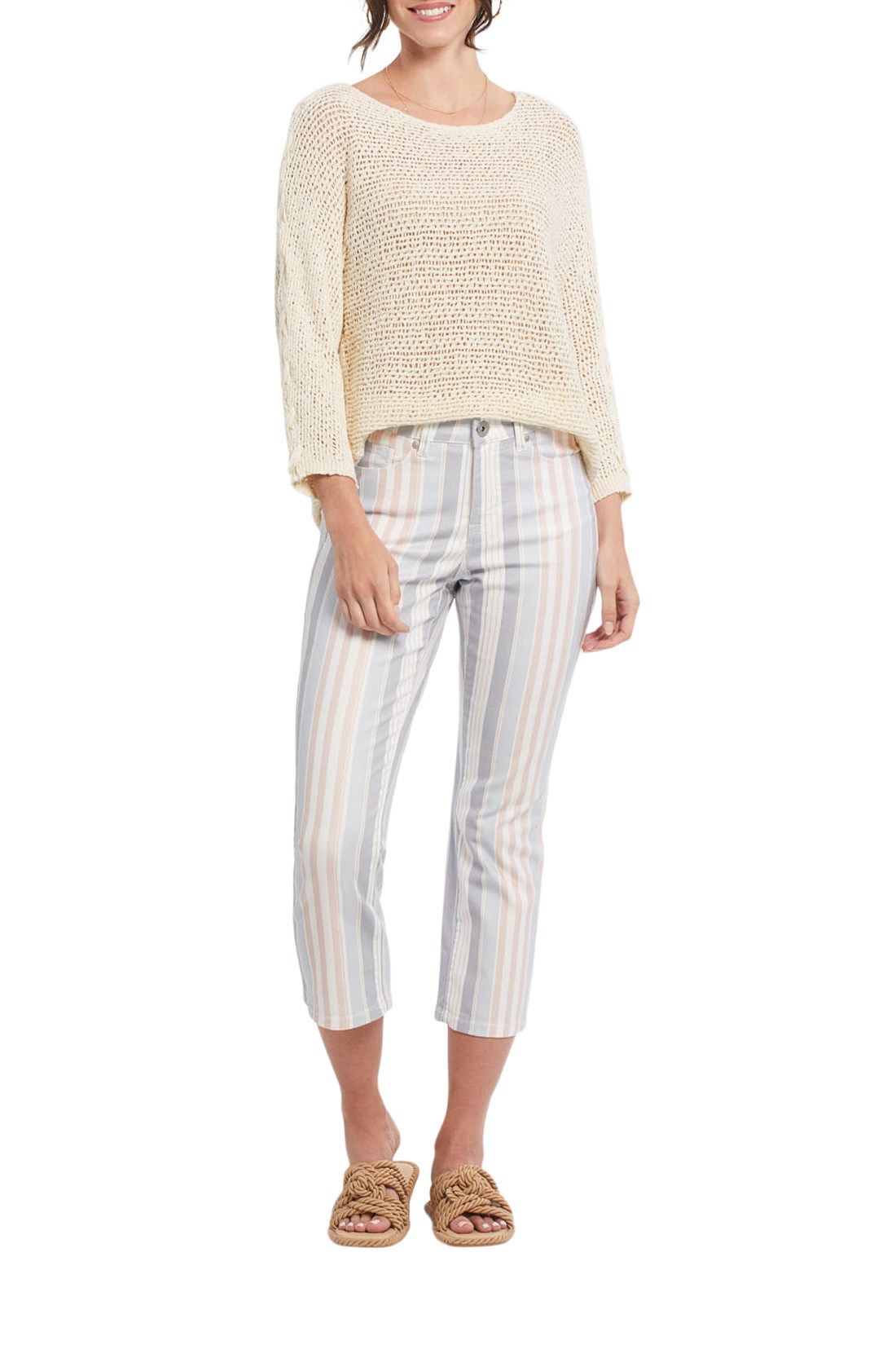 Tribal women's Audrey Printed Denim Capris in Sea Fog, full outfit view showing cropped length.